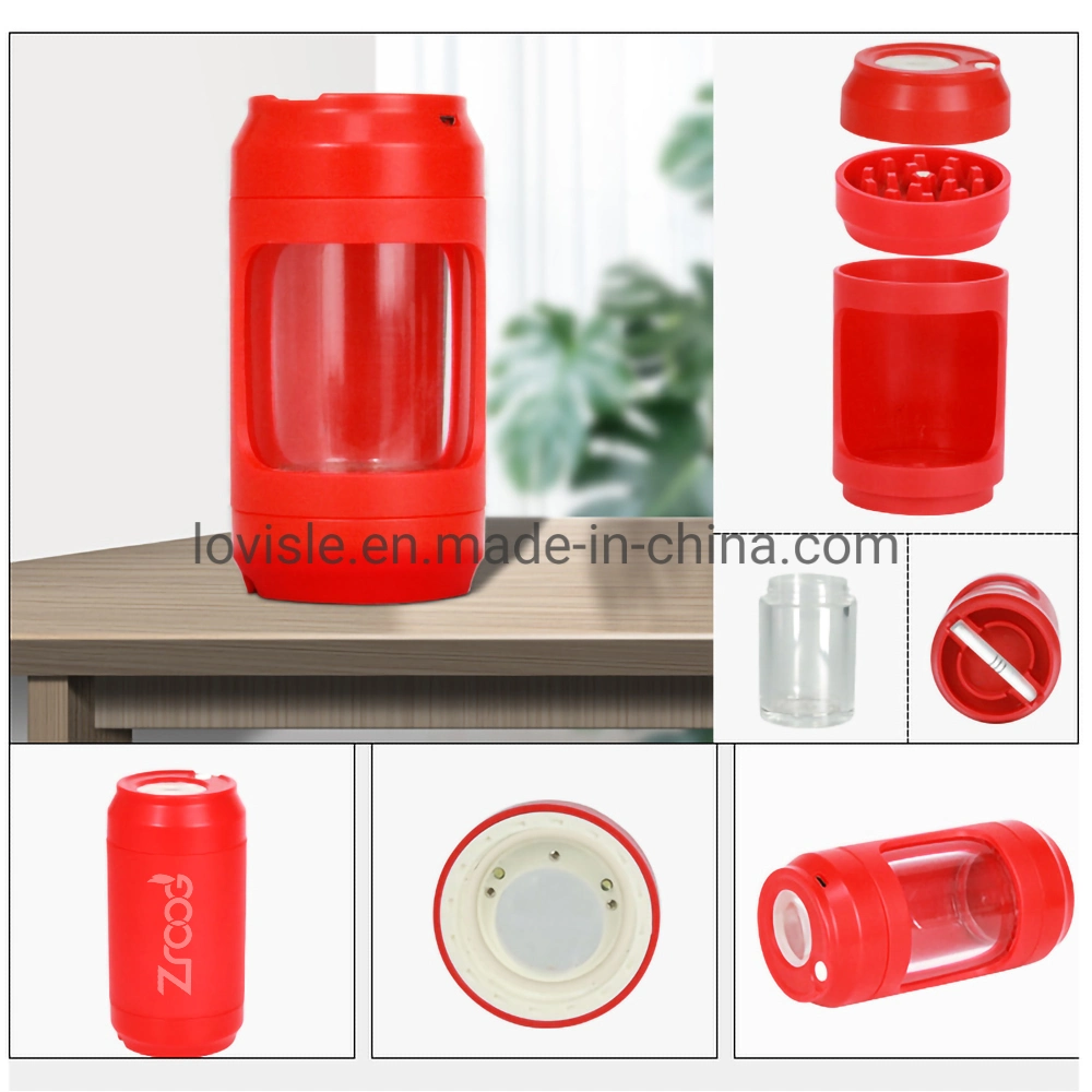 Custom Logo Plastic Herb Tobacco Grinder with LED Transparent Acrylic Tight Storage Magnifying Jars for Herbs